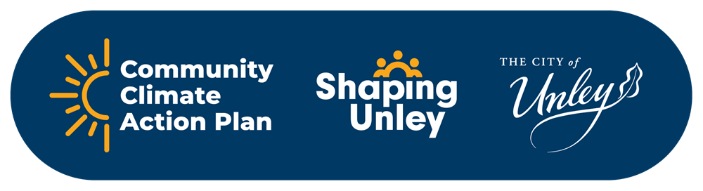 Project logo (Community Climate Action Plan with yellow sun), Shaping Unley and City of Unley logos.